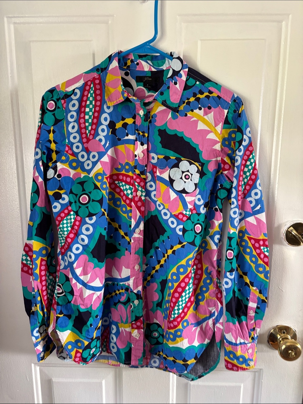 J. Crew Multicolor Retro Floral Print Button-Down Shirt — Pink, Blue, Green